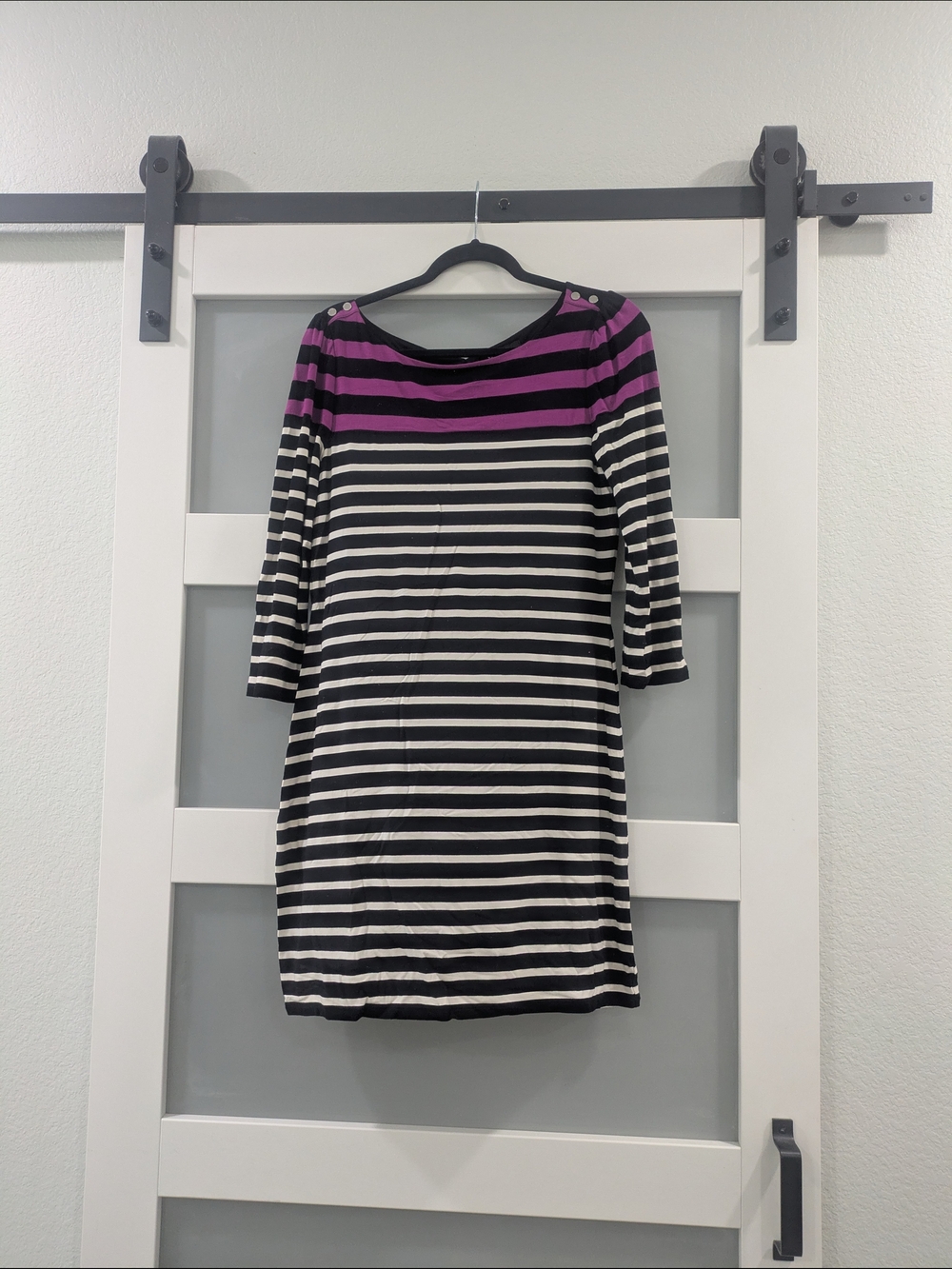 White House Black Market Black, White & Purple Striped Boatneck Dress